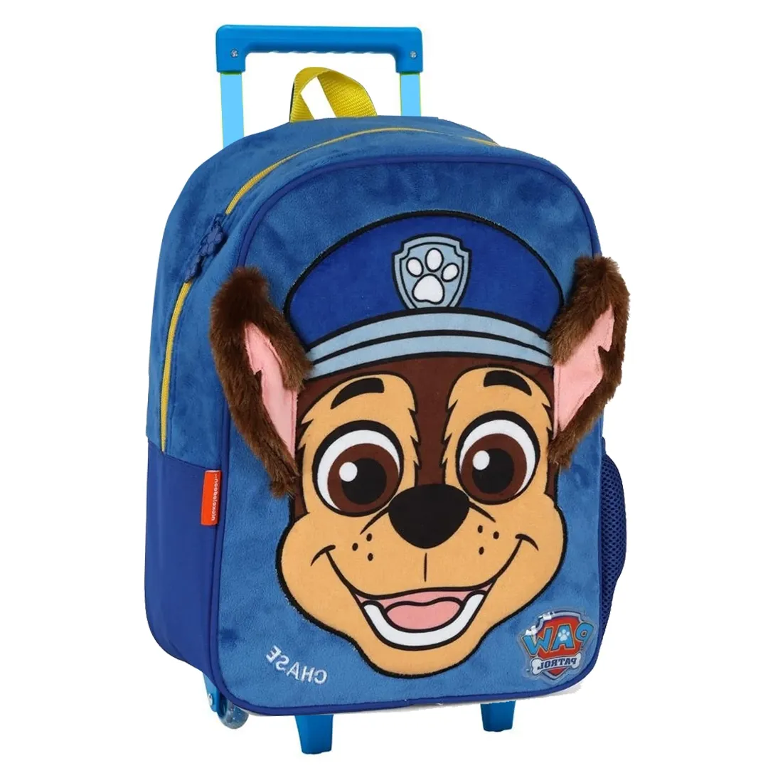Mochila infantil azul Luxcel com estampa do personagem Chase da Patrulha Canina e orelhas em pelúcia